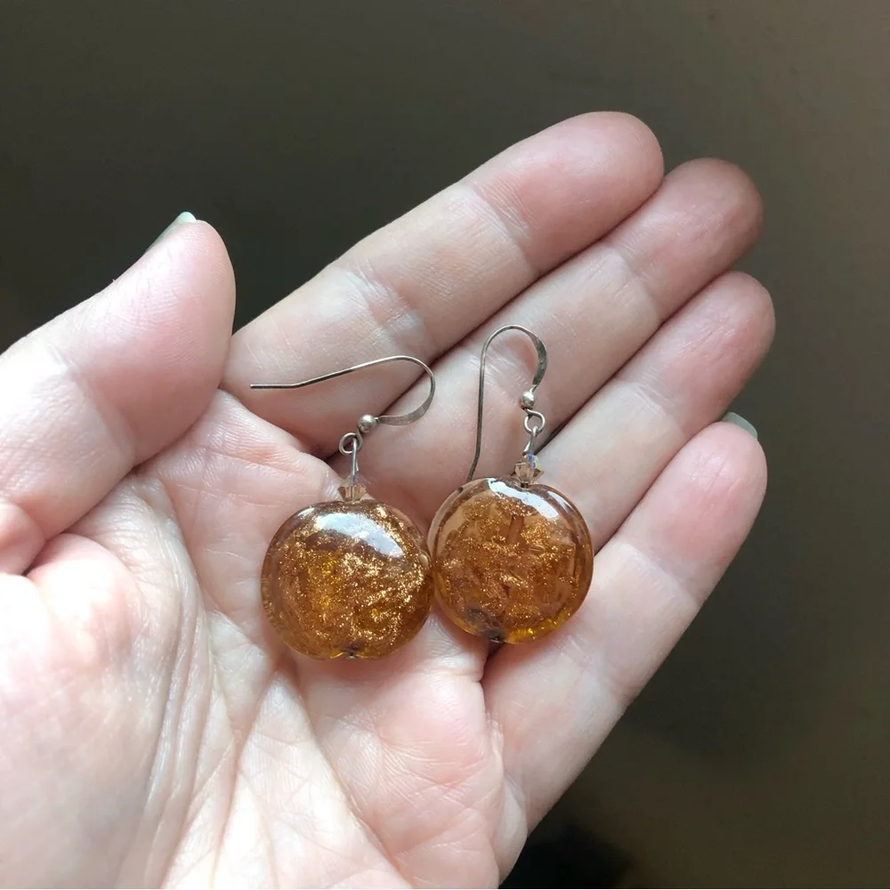 Vtg stamped 925 sterling silver & art glass copper mica dangle earrings Murano